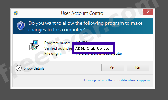 Screenshot where ADSL Club Co Ltd appears as the verified publisher in the UAC dialog